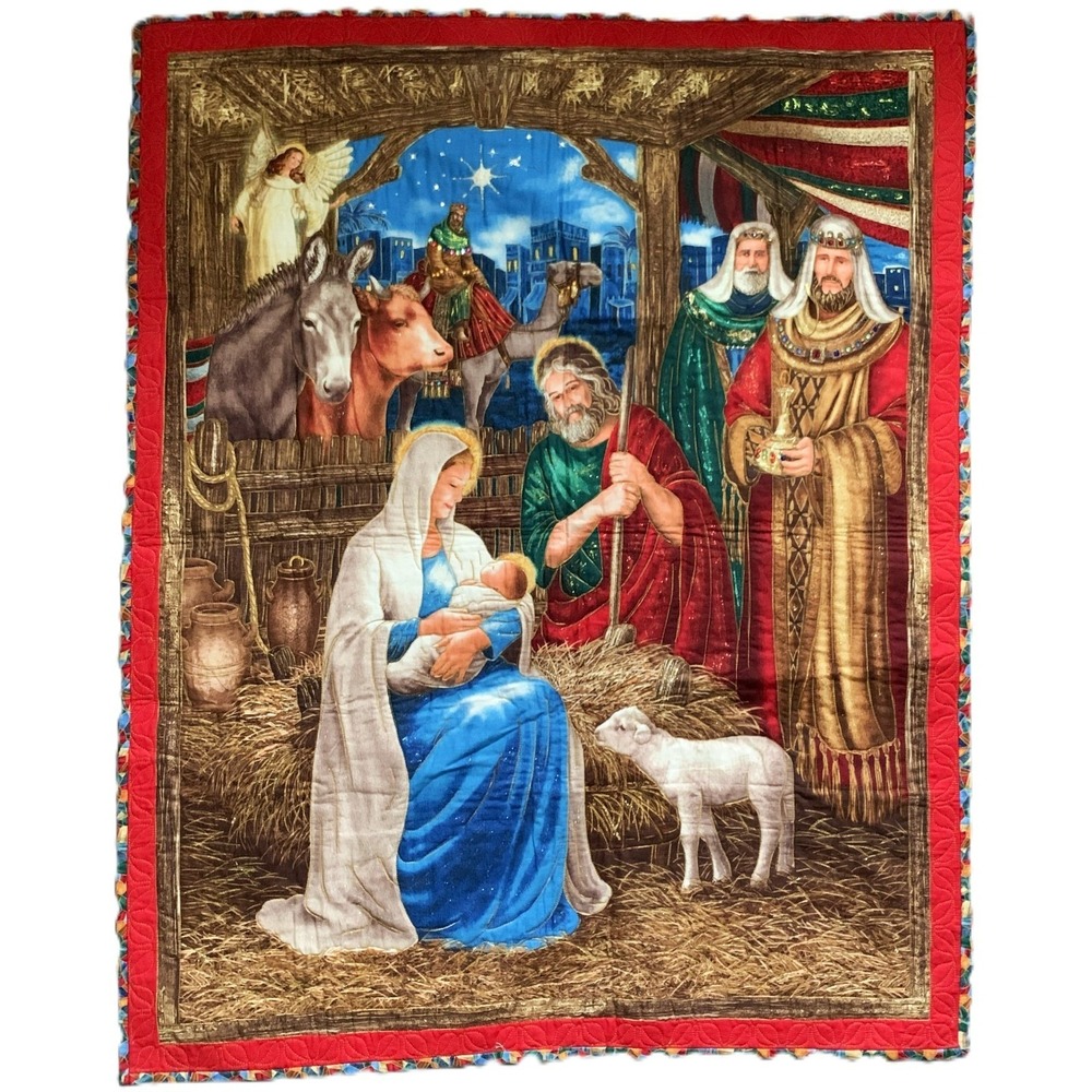 Vtg Quilted Jeweled Christ Birth Holy Family Nativity Wall Quilt Hanging 33x42